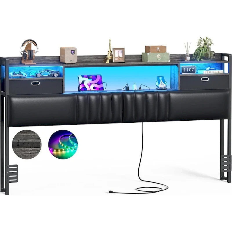 Upholstered headboard with built-in storage drawers and LED lighting; sturdy headboard featuring an integrated charging station and bookshelves.
