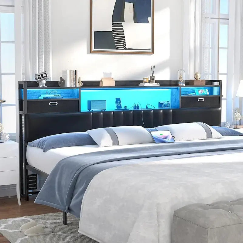 Upholstered headboard with built-in storage drawers and LED lighting; sturdy headboard featuring an integrated charging station and bookshelves.