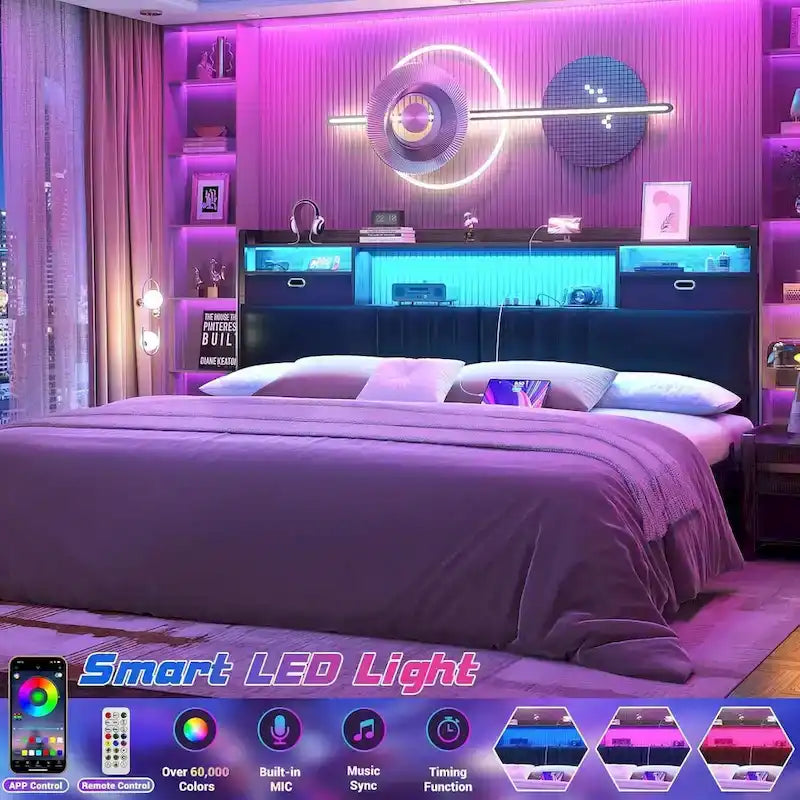 Upholstered headboard with built-in storage drawers and LED lighting; sturdy headboard featuring an integrated charging station and bookshelves.