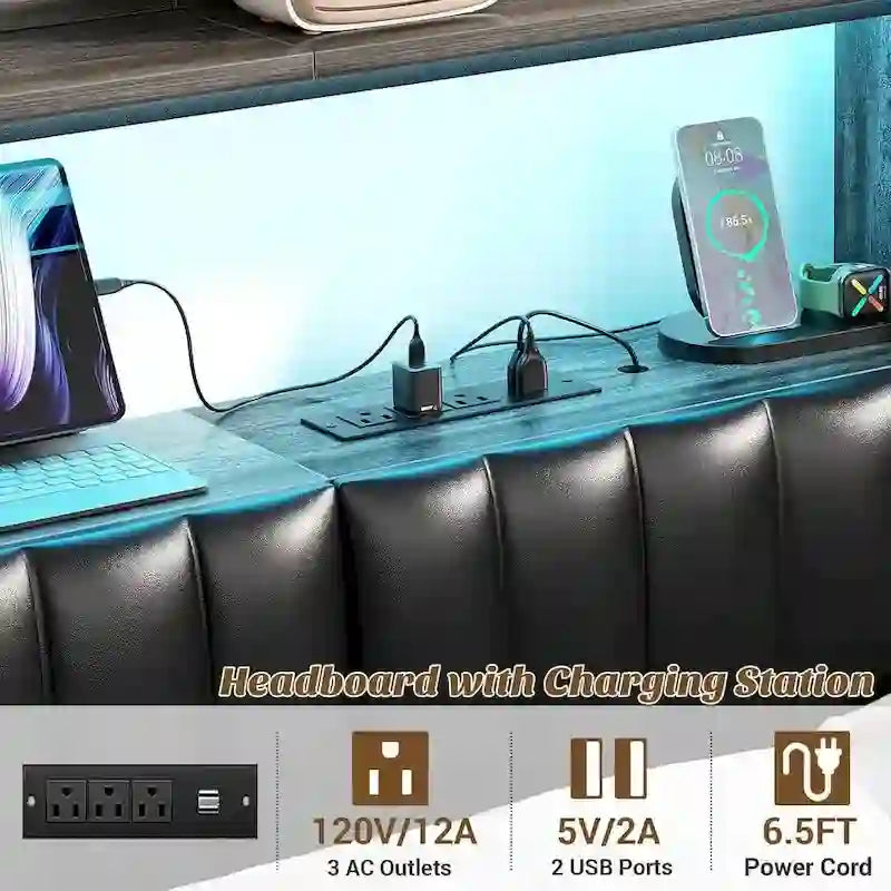 Upholstered headboard with built-in storage drawers and LED lighting; sturdy headboard featuring an integrated charging station and bookshelves.