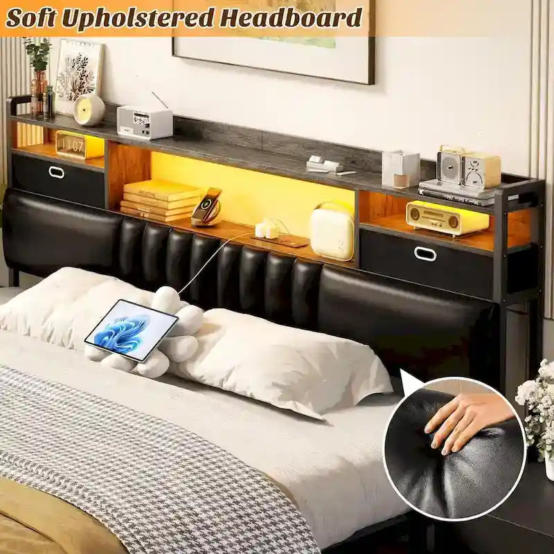 Upholstered headboard with built-in storage drawers and LED lighting; sturdy headboard featuring an integrated charging station and bookshelves.