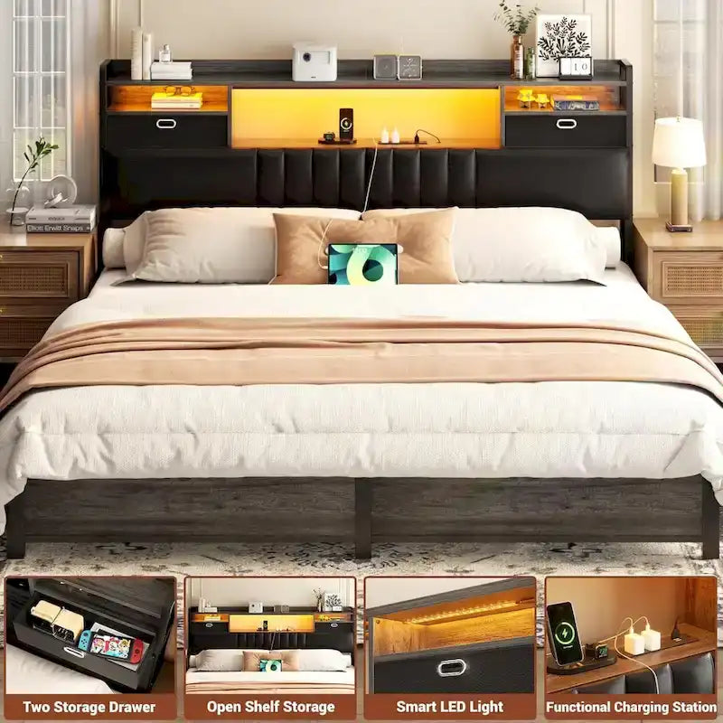 Upholstered headboard with built-in storage drawers and LED lighting; sturdy headboard featuring an integrated charging station and bookshelves.