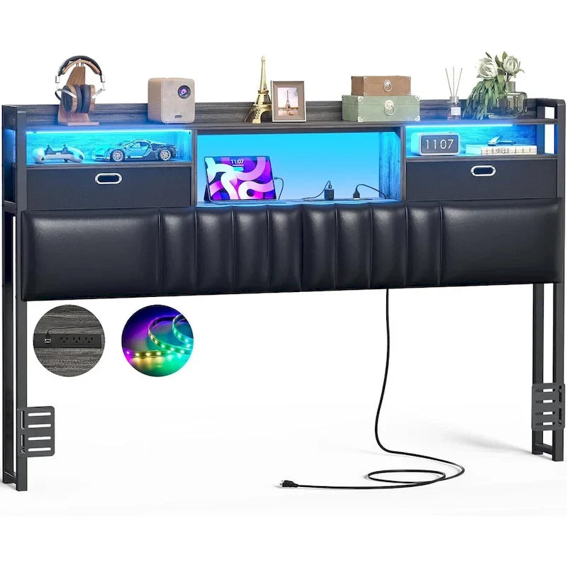 Upholstered headboard with built-in storage drawers and LED lighting; sturdy headboard featuring an integrated charging station and bookshelves.