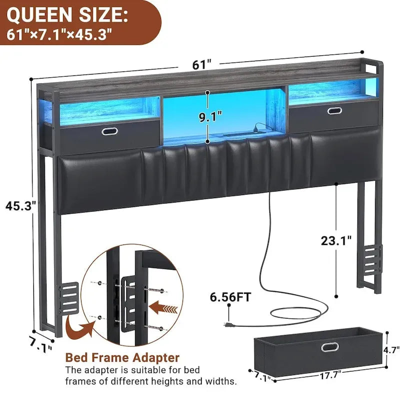 Upholstered headboard with built-in storage drawers and LED lighting; sturdy headboard featuring an integrated charging station and bookshelves.