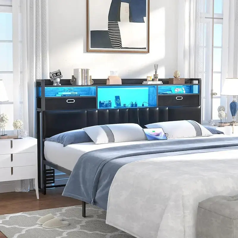 Upholstered headboard with built-in storage drawers and LED lighting; sturdy headboard featuring an integrated charging station and bookshelves.