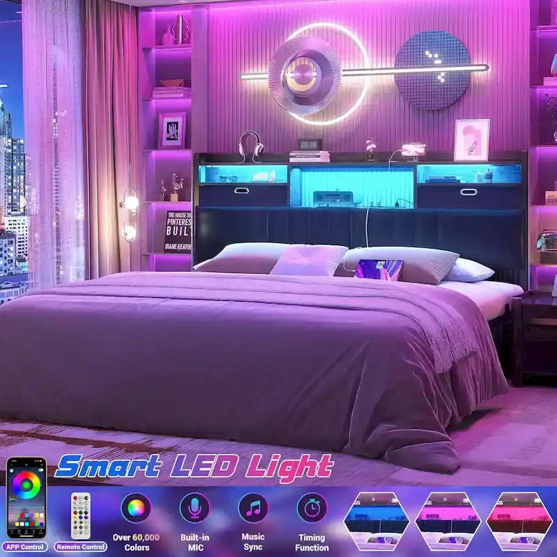 Upholstered headboard with built-in storage drawers and LED lighting; sturdy headboard featuring an integrated charging station and bookshelves.