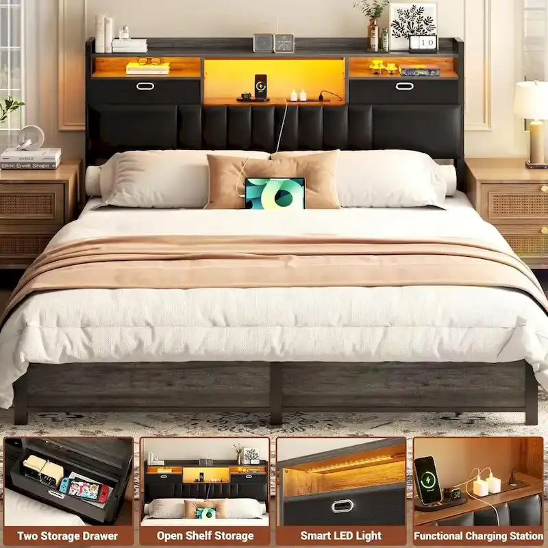 Upholstered headboard with built-in storage drawers and LED lighting; sturdy headboard featuring an integrated charging station and bookshelves.