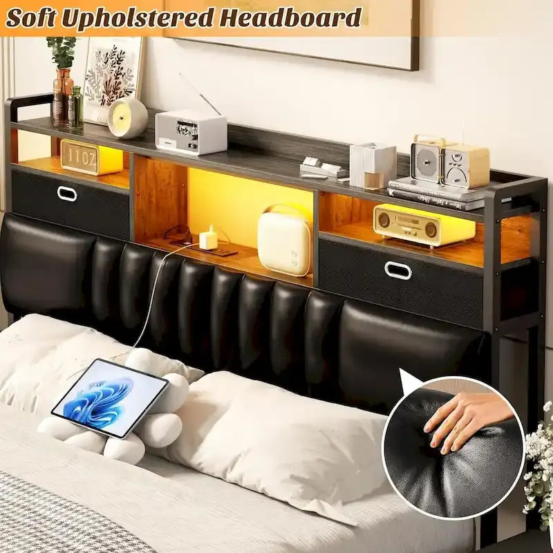 Upholstered headboard with built-in storage drawers and LED lighting; sturdy headboard featuring an integrated charging station and bookshelves.