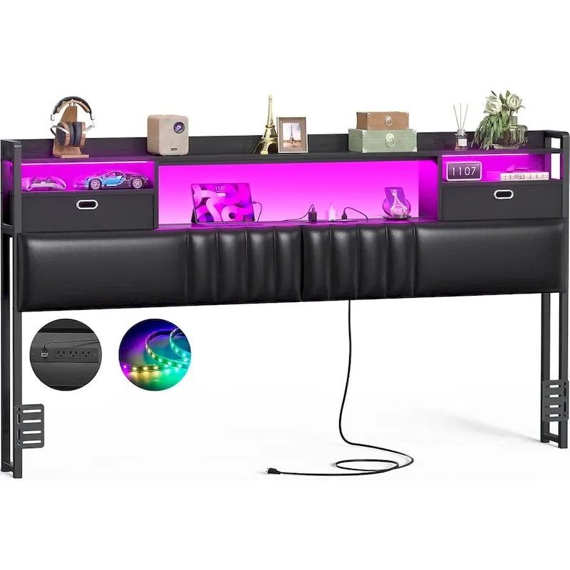 Upholstered headboard with built-in storage drawers and LED lighting; sturdy headboard featuring an integrated charging station and bookshelves.