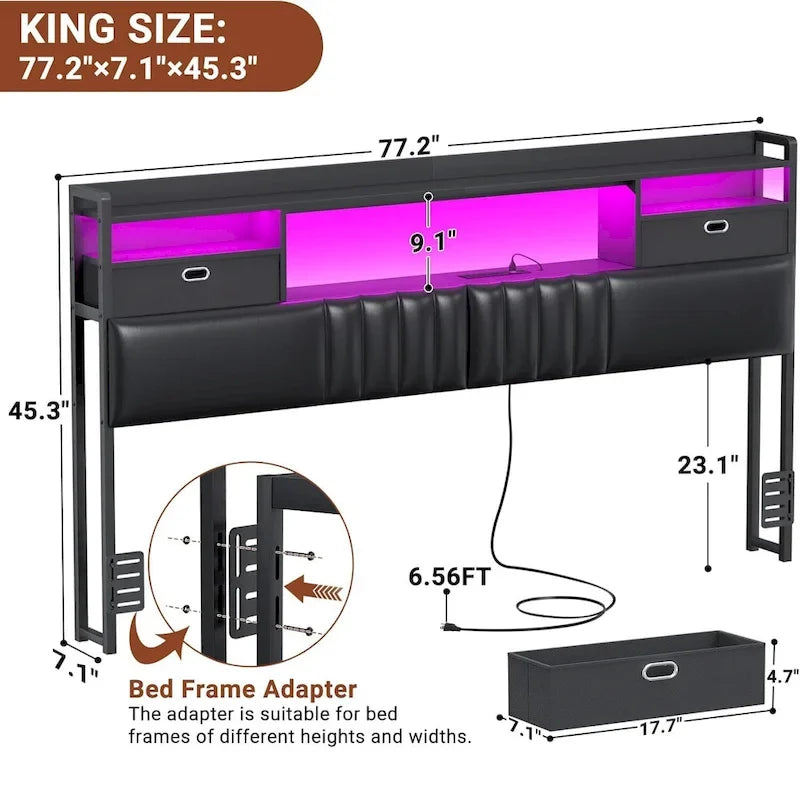 Upholstered headboard with built-in storage drawers and LED lighting; sturdy headboard featuring an integrated charging station and bookshelves.