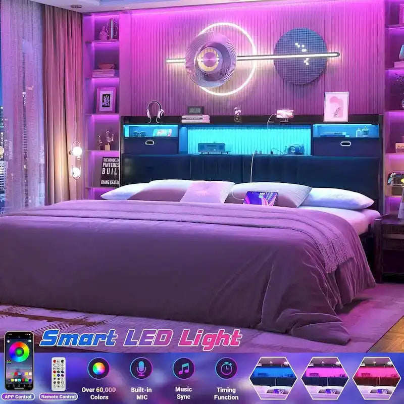 Upholstered headboard with built-in storage drawers and LED lighting; sturdy headboard featuring an integrated charging station and bookshelves.