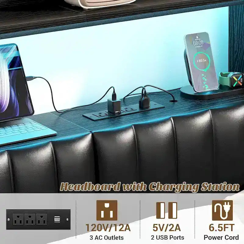 Upholstered headboard with built-in storage drawers and LED lighting; sturdy headboard featuring an integrated charging station and bookshelves.
