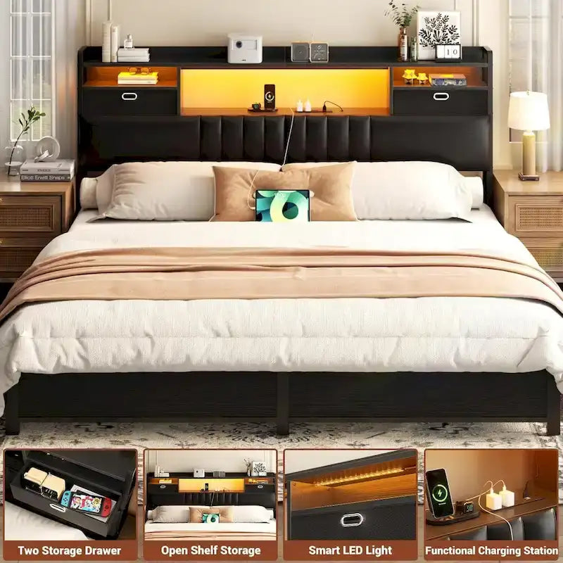 Upholstered headboard with built-in storage drawers and LED lighting; sturdy headboard featuring an integrated charging station and bookshelves.