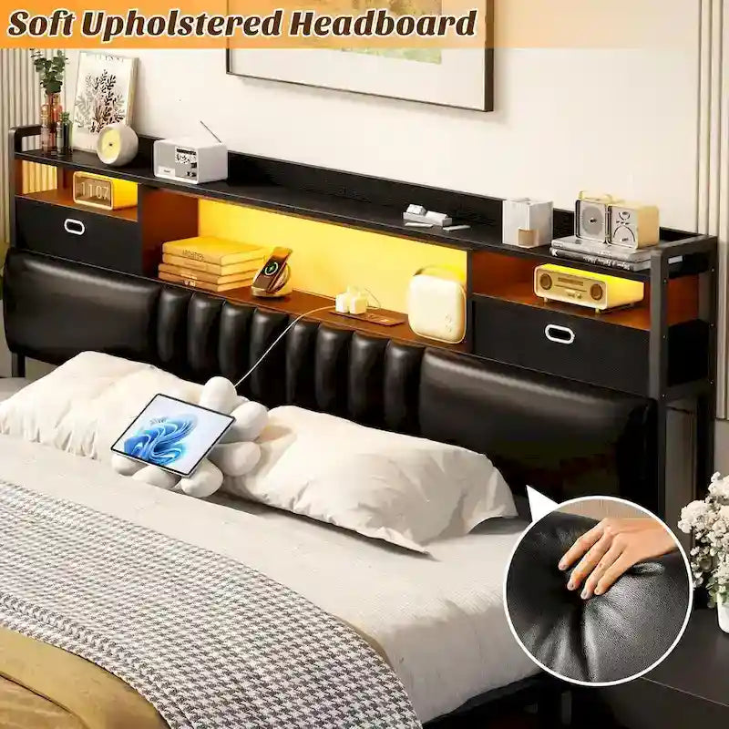 Upholstered headboard with built-in storage drawers and LED lighting; sturdy headboard featuring an integrated charging station and bookshelves.