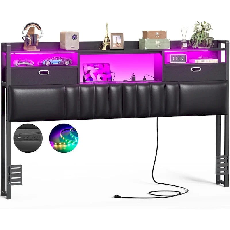 Upholstered headboard with built-in storage drawers and LED lighting; sturdy headboard featuring an integrated charging station and bookshelves.