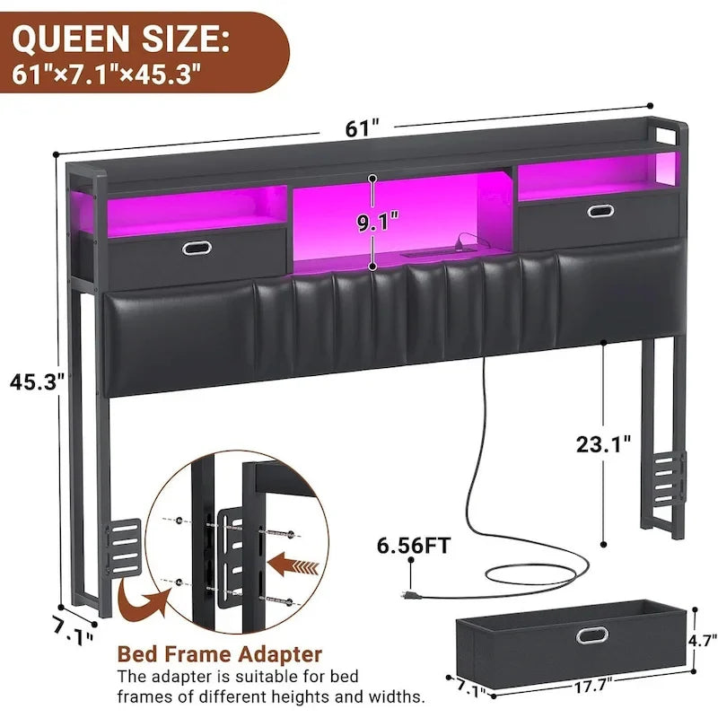 Upholstered headboard with built-in storage drawers and LED lighting; sturdy headboard featuring an integrated charging station and bookshelves.