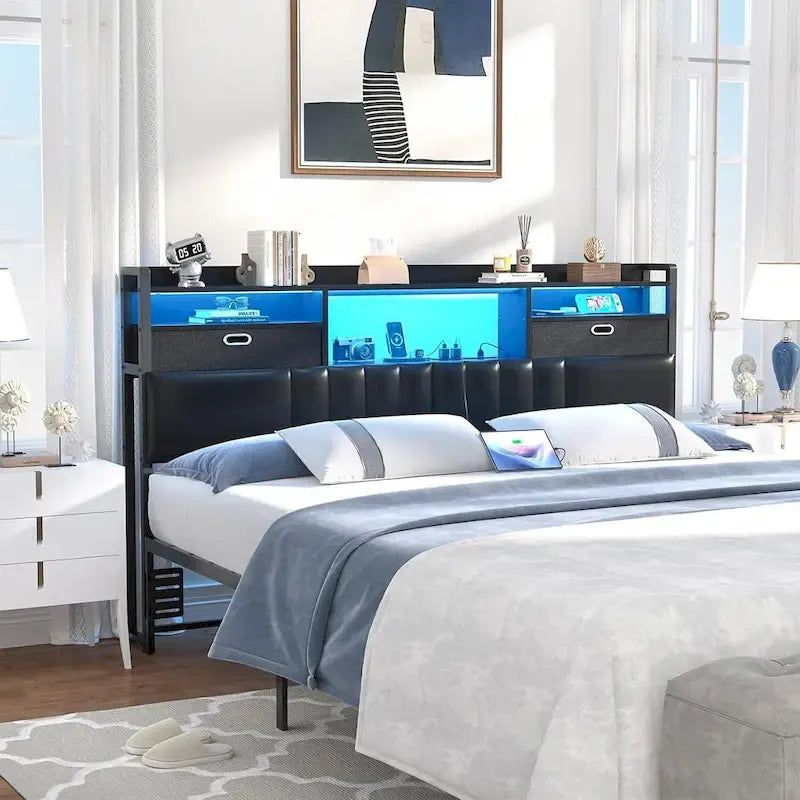 Upholstered headboard with built-in storage drawers and LED lighting; sturdy headboard featuring an integrated charging station and bookshelves.
