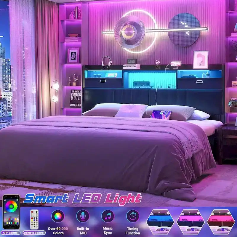 Upholstered headboard with built-in storage drawers and LED lighting; sturdy headboard featuring an integrated charging station and bookshelves.
