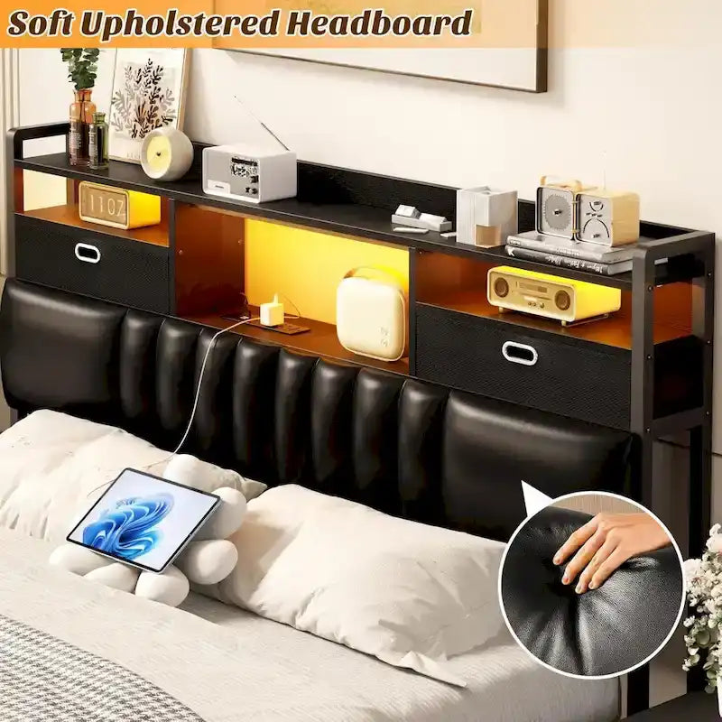 Upholstered headboard with built-in storage drawers and LED lighting; sturdy headboard featuring an integrated charging station and bookshelves.
