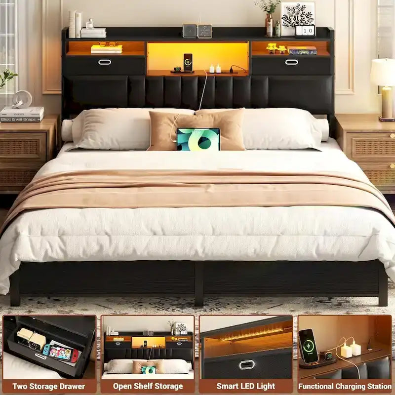 Upholstered headboard with built-in storage drawers and LED lighting; sturdy headboard featuring an integrated charging station and bookshelves.