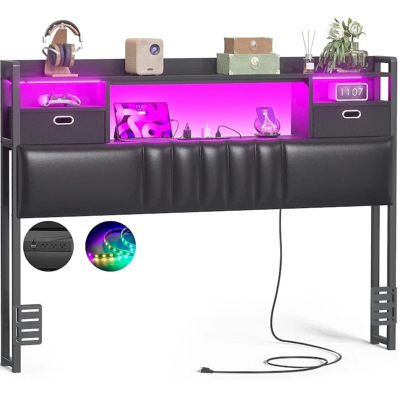 Upholstered headboard with built-in storage drawers and LED lighting; sturdy headboard featuring an integrated charging station and bookshelves.
