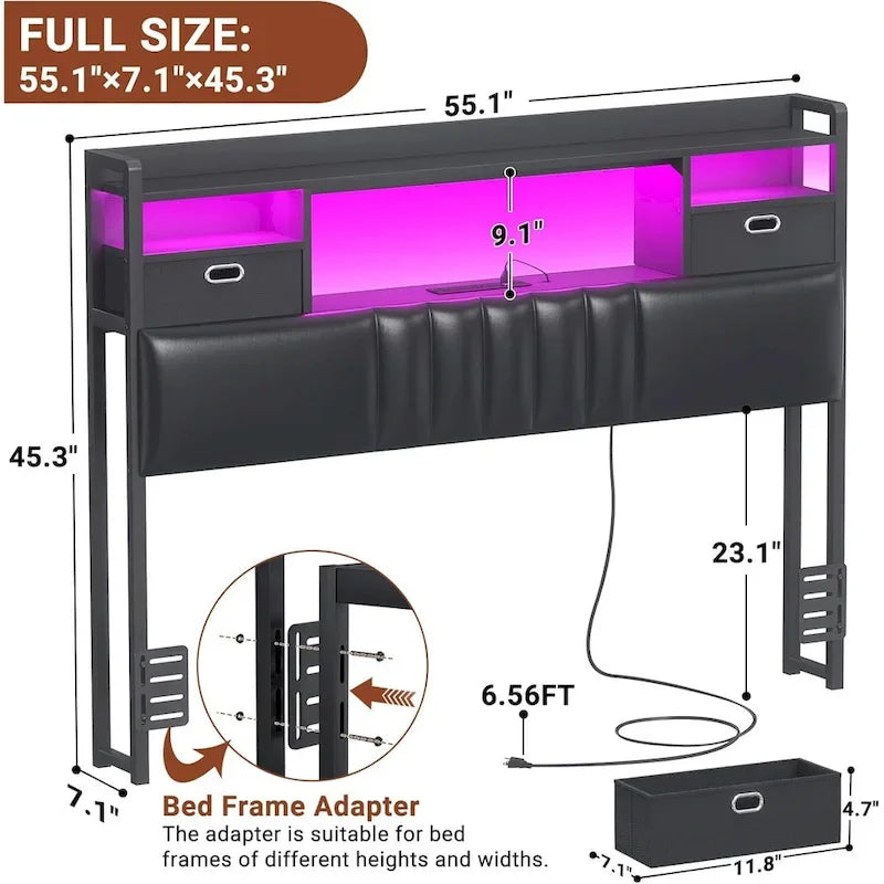Upholstered headboard with built-in storage drawers and LED lighting; sturdy headboard featuring an integrated charging station and bookshelves.