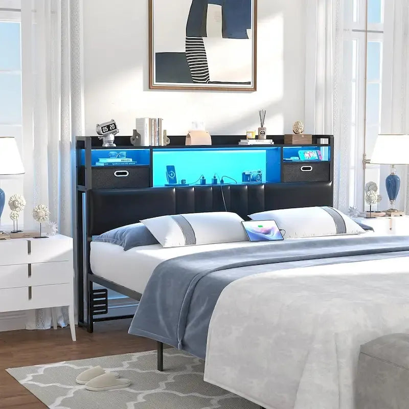 Upholstered headboard with built-in storage drawers and LED lighting; sturdy headboard featuring an integrated charging station and bookshelves.