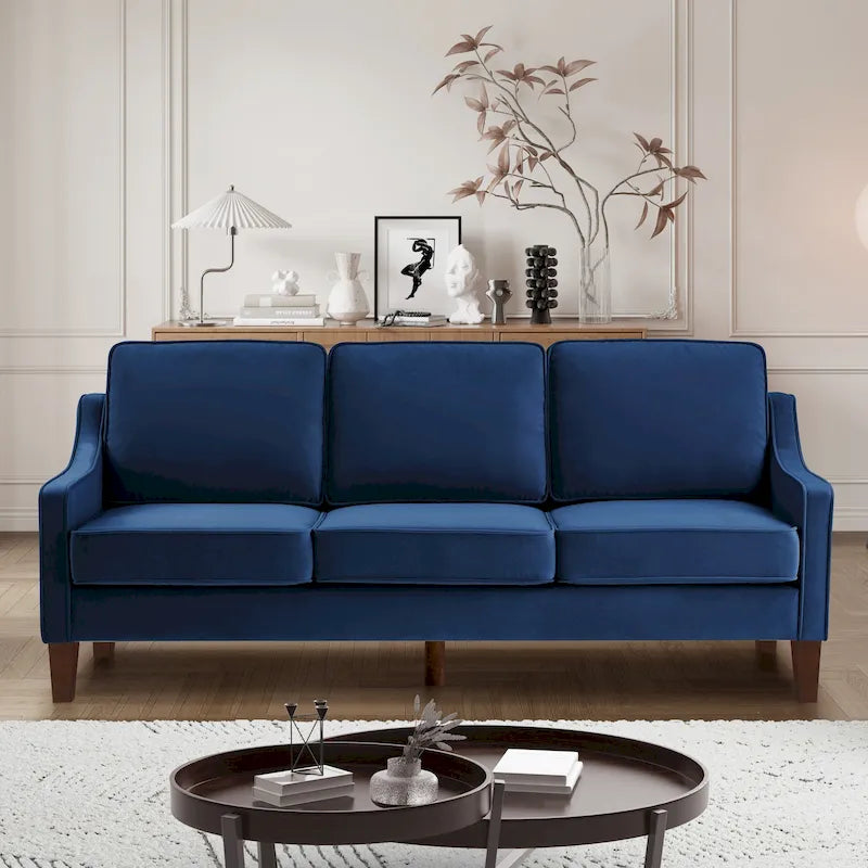 Nowoczesna sofa z cofniętymi podłokietnikami i drewnianymi nogami - 29.00 x 74.00 x 34.25