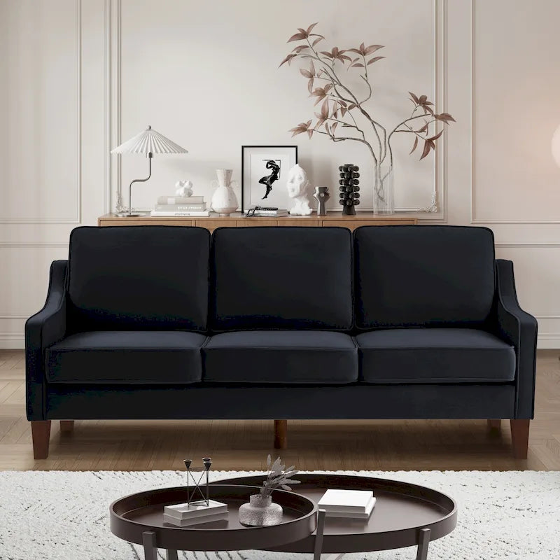Nowoczesna sofa z cofniętymi podłokietnikami i drewnianymi nogami - 29.00 x 74.00 x 34.25