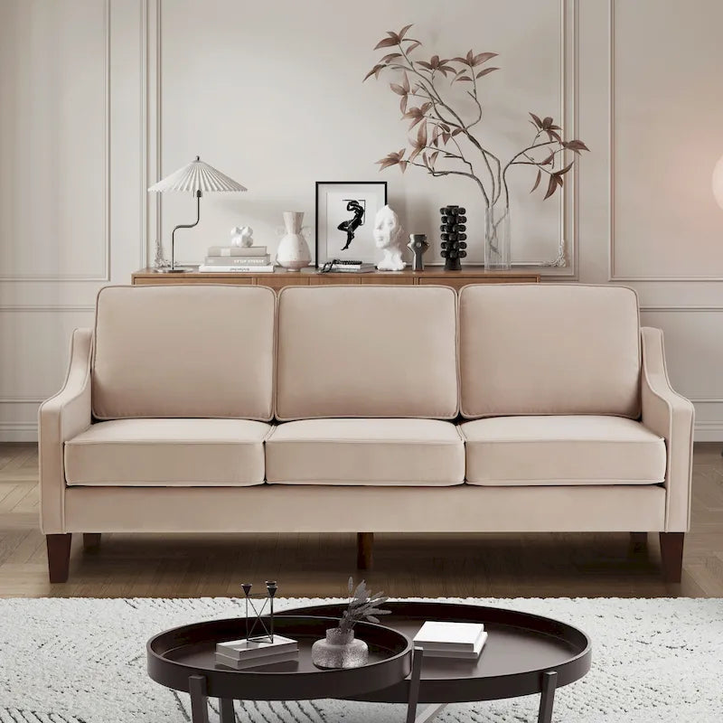 Nowoczesna sofa z cofniętymi podłokietnikami i drewnianymi nogami - 29.00 x 74.00 x 34.25