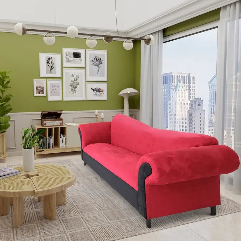 Tradycyjna trzyosobowa sofa tapicerowana aksamitem, z ramą z litego drewna
