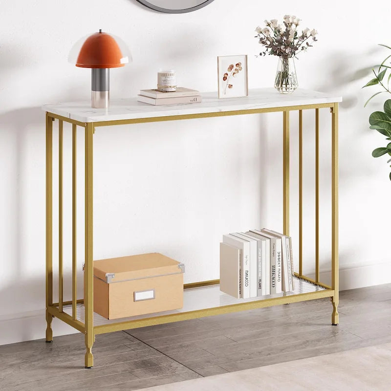 Tavolo consolle retrò a 2 ripiani con ripiano contenitore in MDF - 41.3