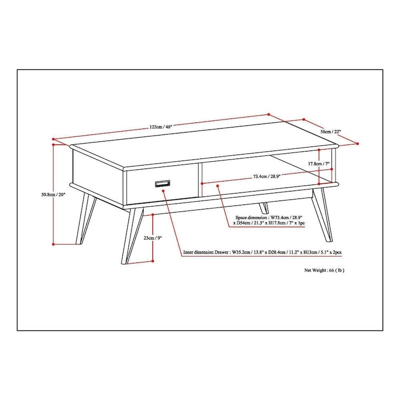 Tavolino da salotto rettangolare moderno di metà secolo in legno massello (largo 48") — 48" W x 22" D x 20" H