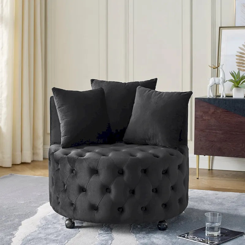 Living Room Velvet Swivel Chair with Button Tufted Design, 3 Pillows & Movable Wheels