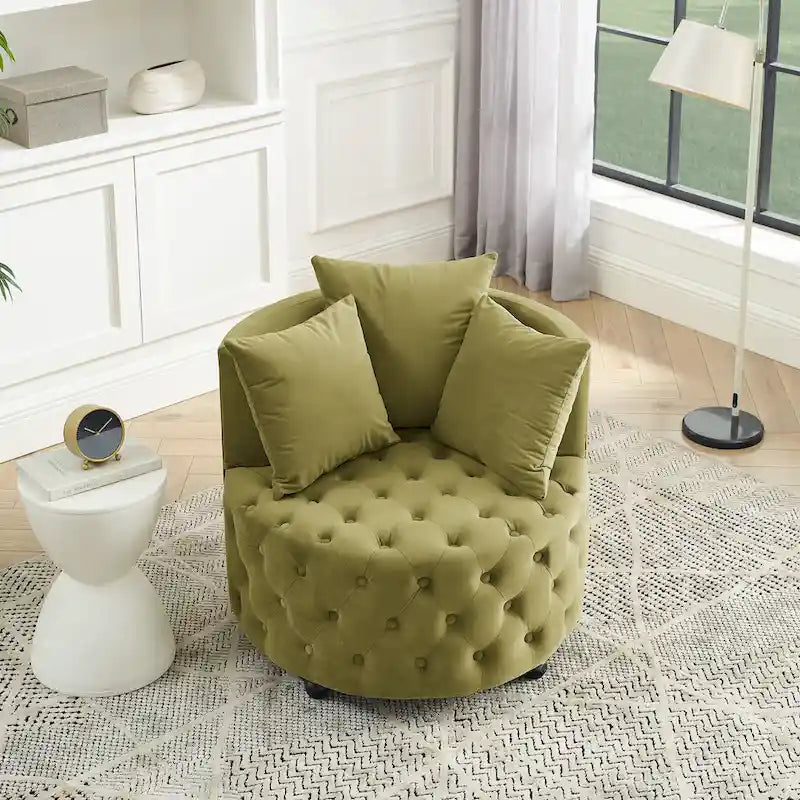 Living Room Velvet Swivel Chair with Button Tufted Design, 3 Pillows & Movable Wheels