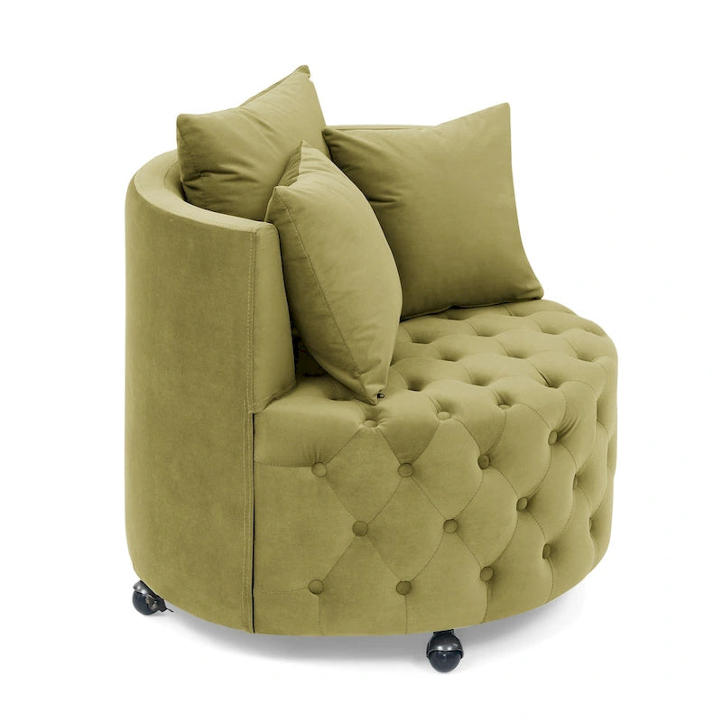 Living Room Velvet Swivel Chair with Button Tufted Design, 3 Pillows & Movable Wheels