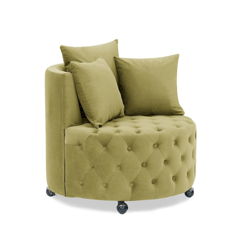 Living Room Velvet Swivel Chair with Button Tufted Design, 3 Pillows & Movable Wheels