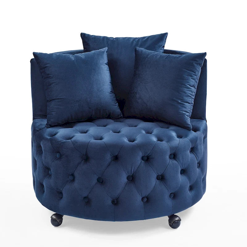 Living Room Velvet Swivel Chair with Button Tufted Design, 3 Pillows & Movable Wheels