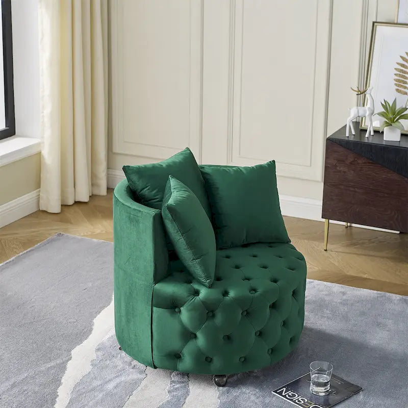 Living Room Velvet Swivel Chair with Button Tufted Design, 3 Pillows & Movable Wheels