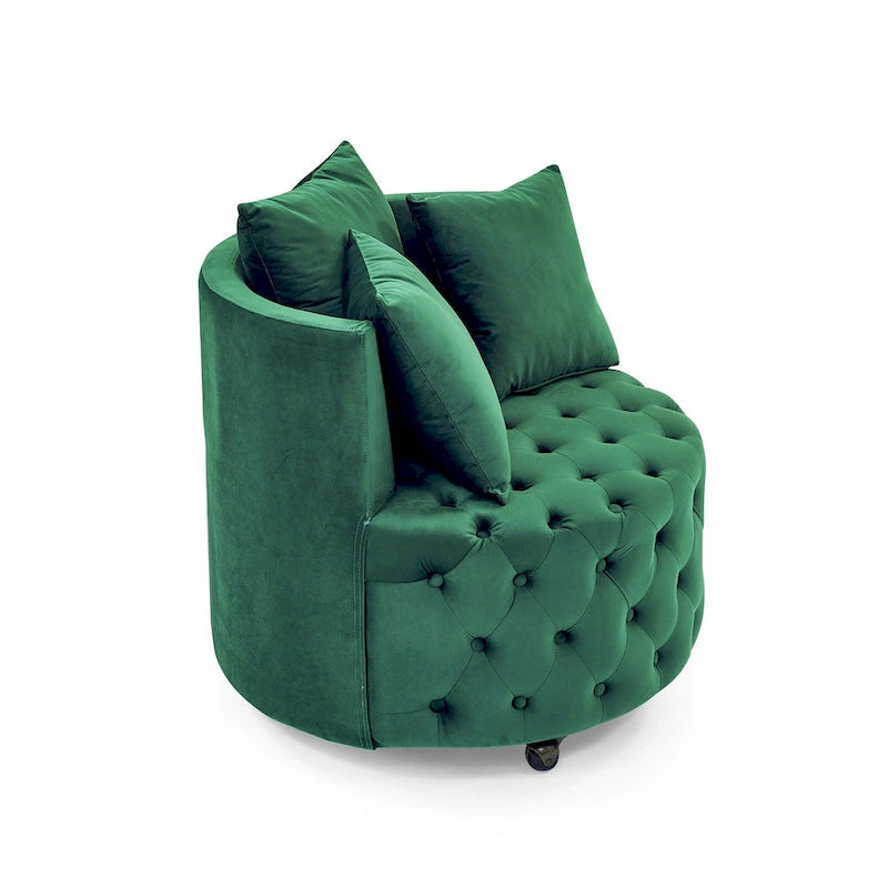 Living Room Velvet Swivel Chair with Button Tufted Design, 3 Pillows & Movable Wheels