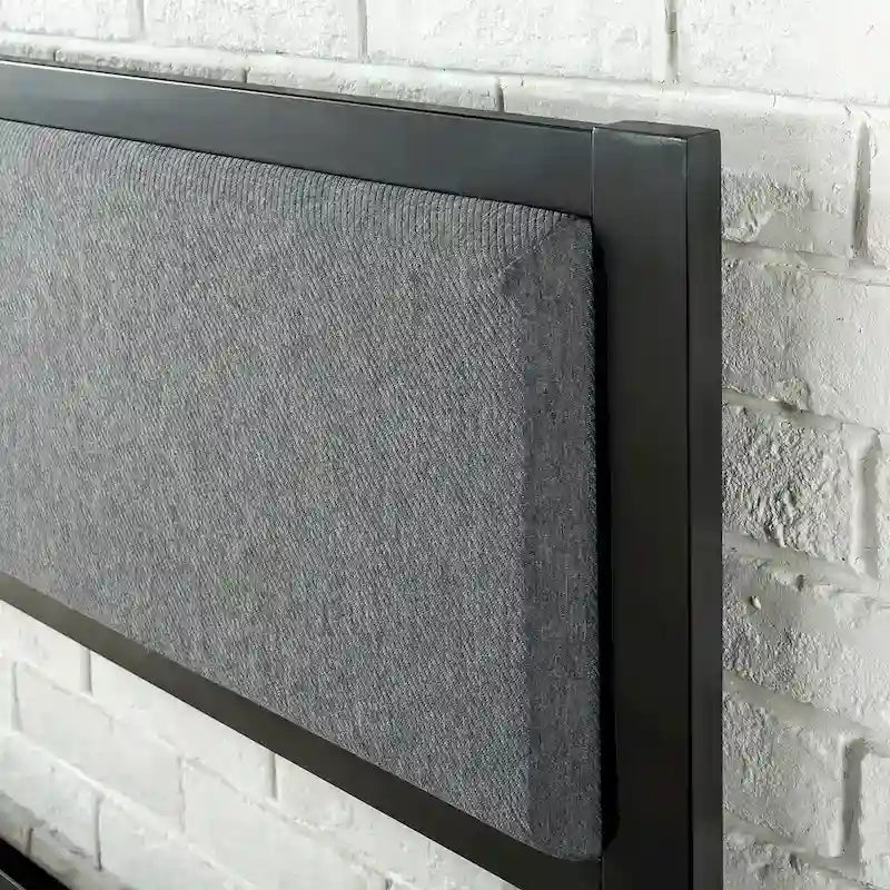 Black steel platform bed frame (with a grey fabric headboard)