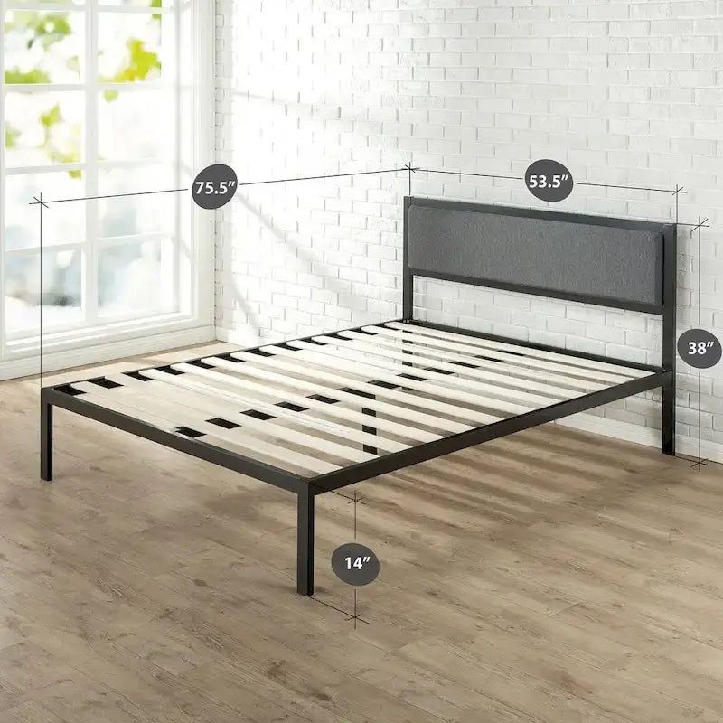 Black steel platform bed frame (with a grey fabric headboard)
