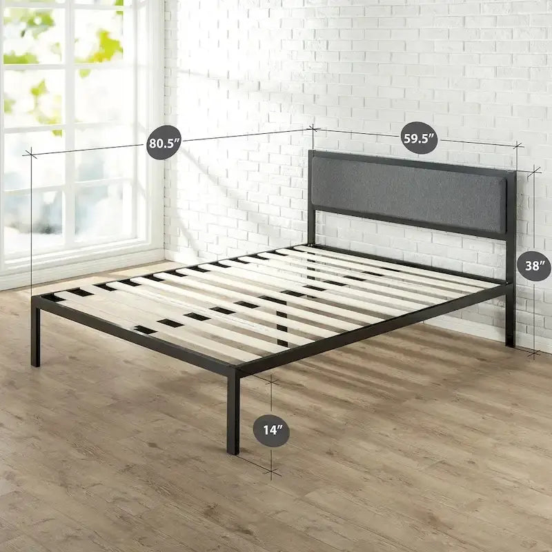 Black steel platform bed frame (with a grey fabric headboard)