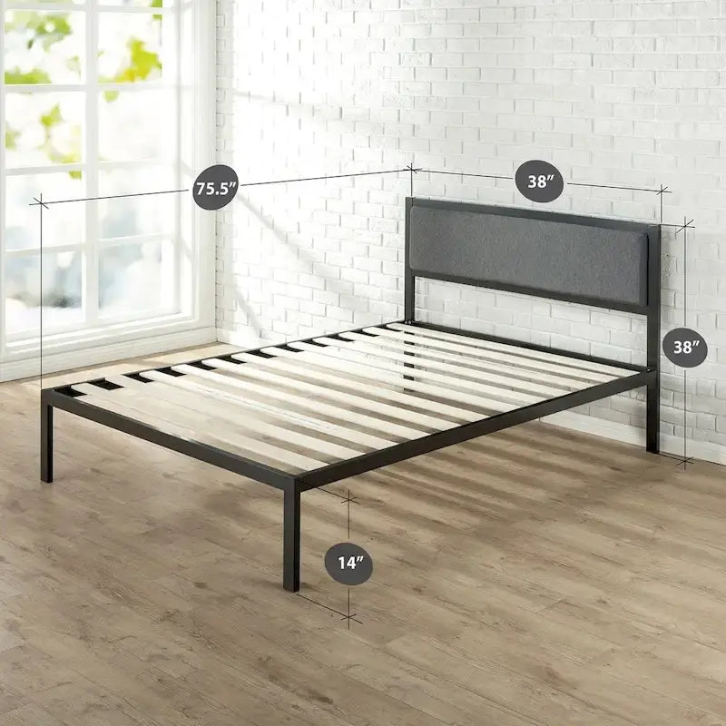 Black steel platform bed frame (with a grey fabric headboard)