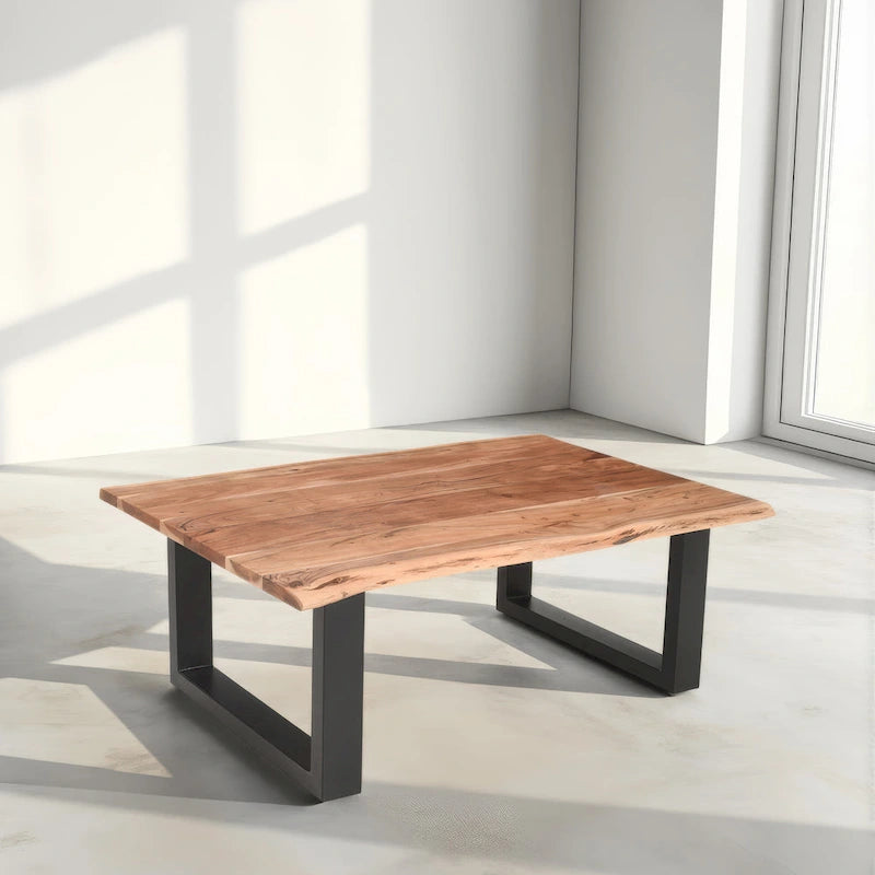 Tavolino da salotto in acacia stile rustico, 45 pollici, bordi naturali, base a slitta in metallo, marrone e nero