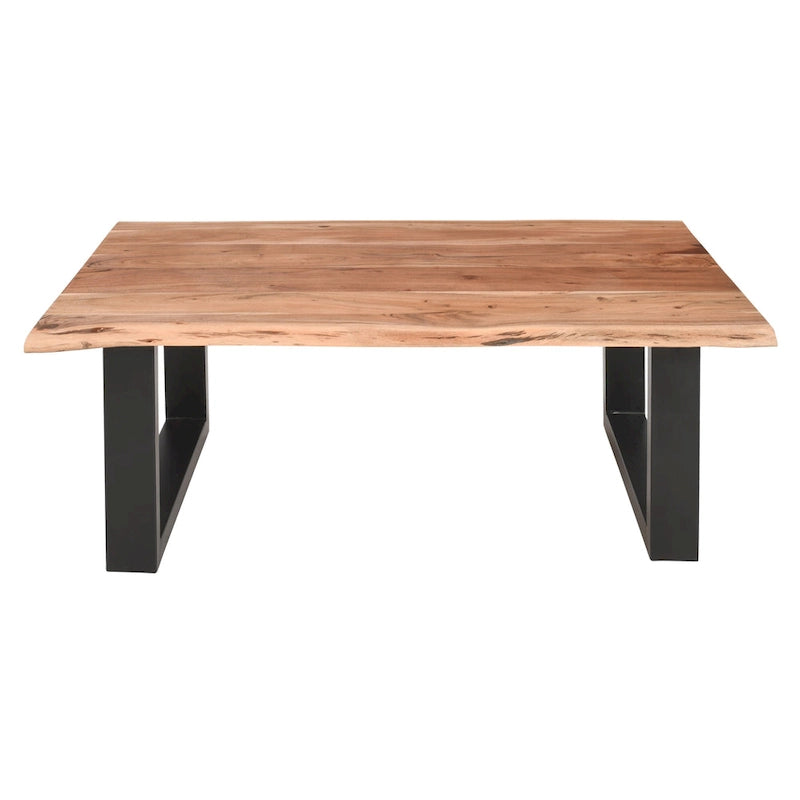 Tavolino da salotto in acacia stile rustico, 45 pollici, bordi naturali, base a slitta in metallo, marrone e nero