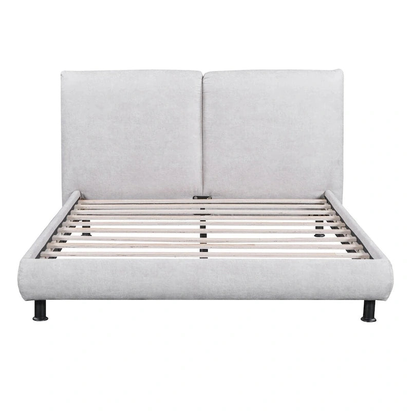 Letto a piattaforma imbottito con due grandi testiere e tessuto spesso in poliestere