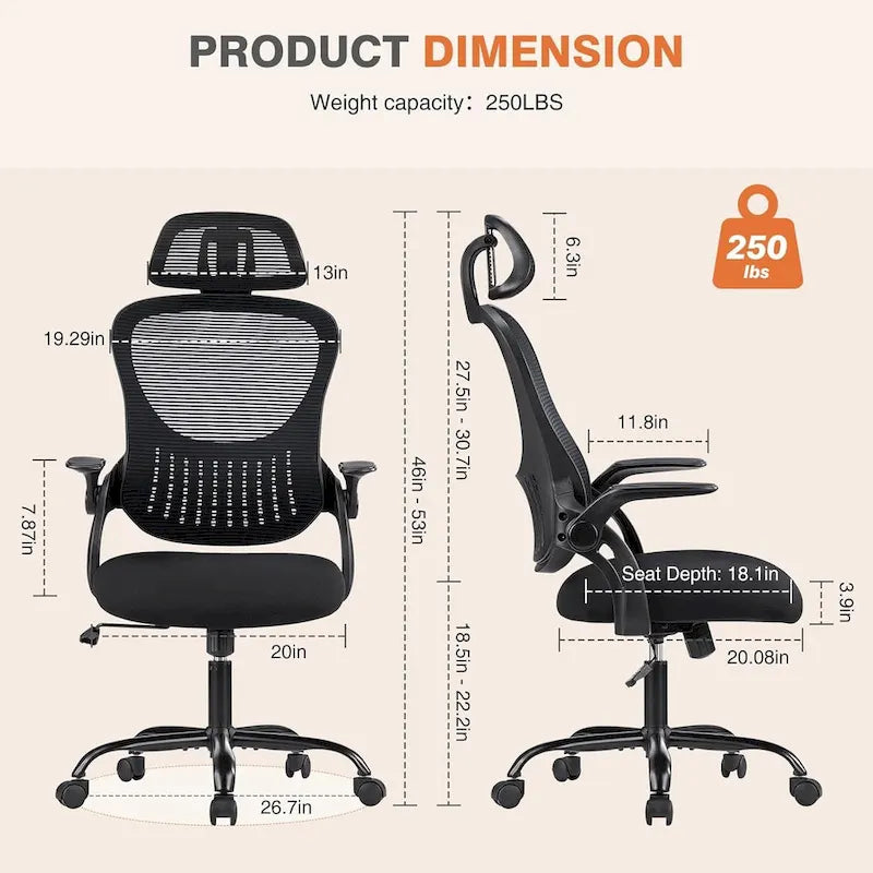 Sedia da ufficio per scrivania e computer, ergonomica, con schienale alto in rete e ruote, poggiatesta regolabile e comodi braccioli ribaltabili
