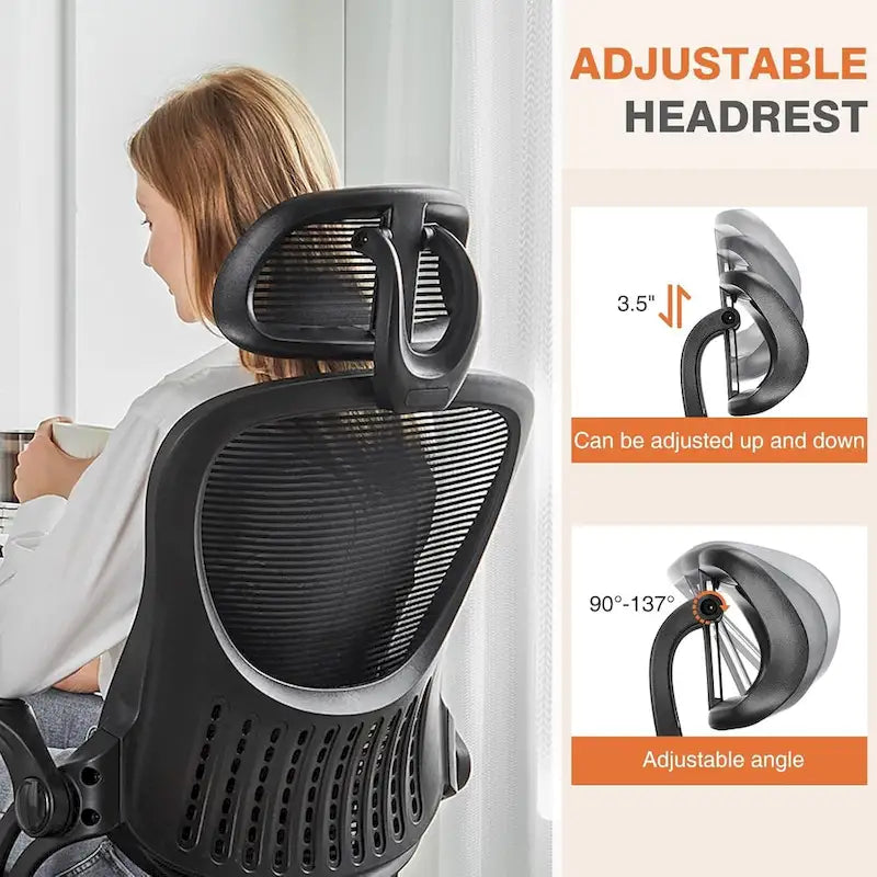 Sedia da ufficio per scrivania e computer, ergonomica, con schienale alto in rete e ruote, poggiatesta regolabile e comodi braccioli ribaltabili
