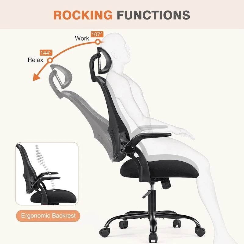 Office Computer Desk Chair, Ergonomic High-Back Mesh Rolling Work Chairs with Wheels Adjustable Headrests, Comfy Flip-up Arms